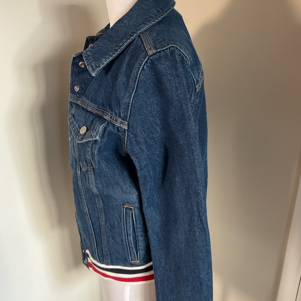 Levi's Original Rib Trim Trucker Jacket Small S Indigo Denim Striped Hem Cuffs - Picture 5 of 6